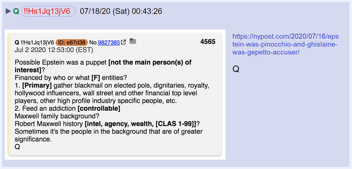 35) Q suggested on July 2nd that Epstein was a "puppet," but Giuffre's claim gives that statement a new meaning.