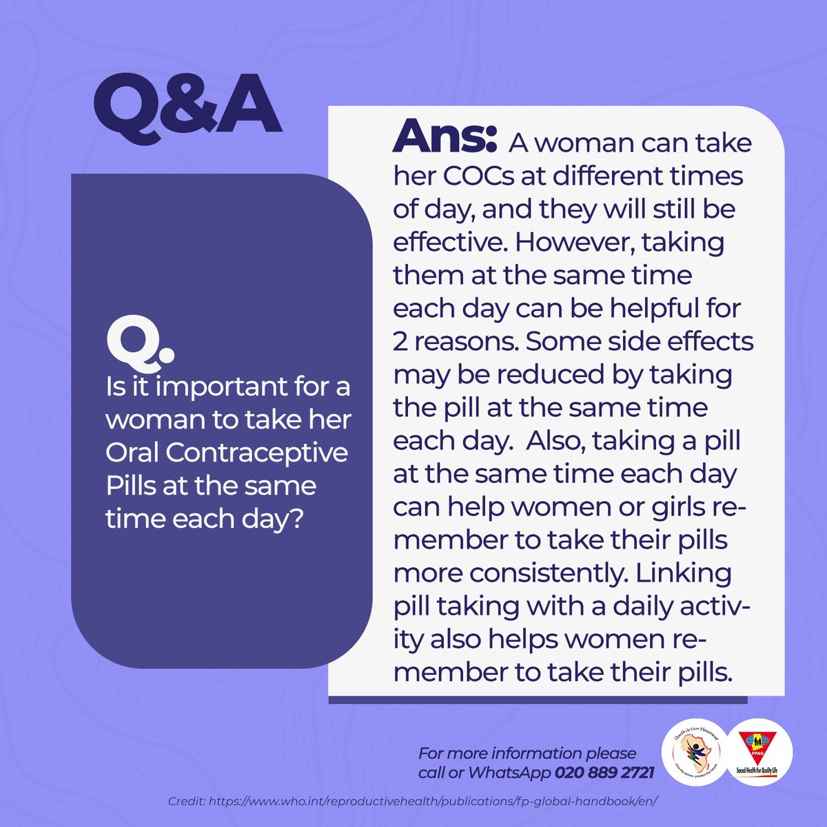 PPAGGhana's tweet image. Wondering if a woman or girl can take her oral contraceptive pills at different times of each day? 

Yes she can. 

However, there are some benefits if pills are taken at same time of each day. See below 👇🏾👇🏾👇🏾

 #KnowYourFPMethods #SexualHealth4QualityLife