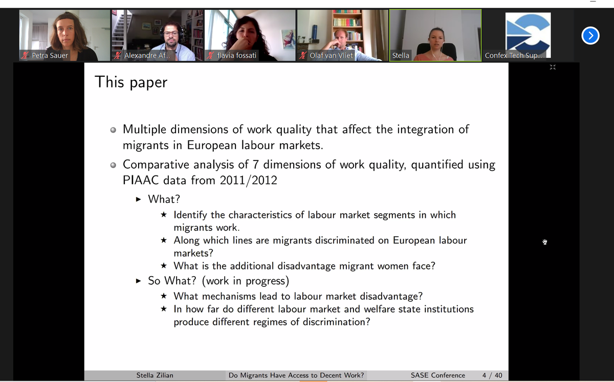 <a href="/StellaZilian/">Stella Zilian</a> presented our paper "Do Migrants Have Access to Decent Work" in the <a href="/SASE_Meeting/">SASE</a> panel on the Analysis the Relationship between Immigration and Labor Markets. Thank you <a href="/alexandreafonso/">alexandre afonso</a>, <a href="/SamirNegash1/">Samir Mustafa Negash</a>, Flaviana Fossati and other participants for the discussion!