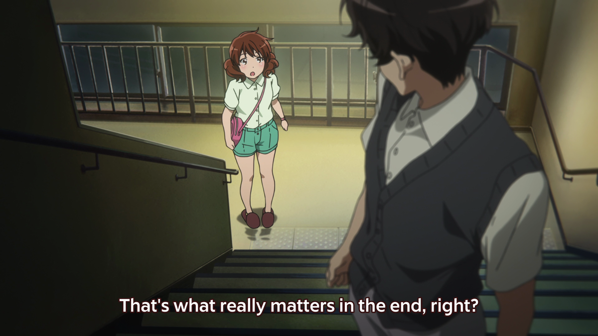 Kumiko actually looks up to Taki. He's a person who went down a path to pursue something he loves doing, and Kumiko's line saying "That's what really matters in the end" shows how Kumiko wants to go down a similar route.