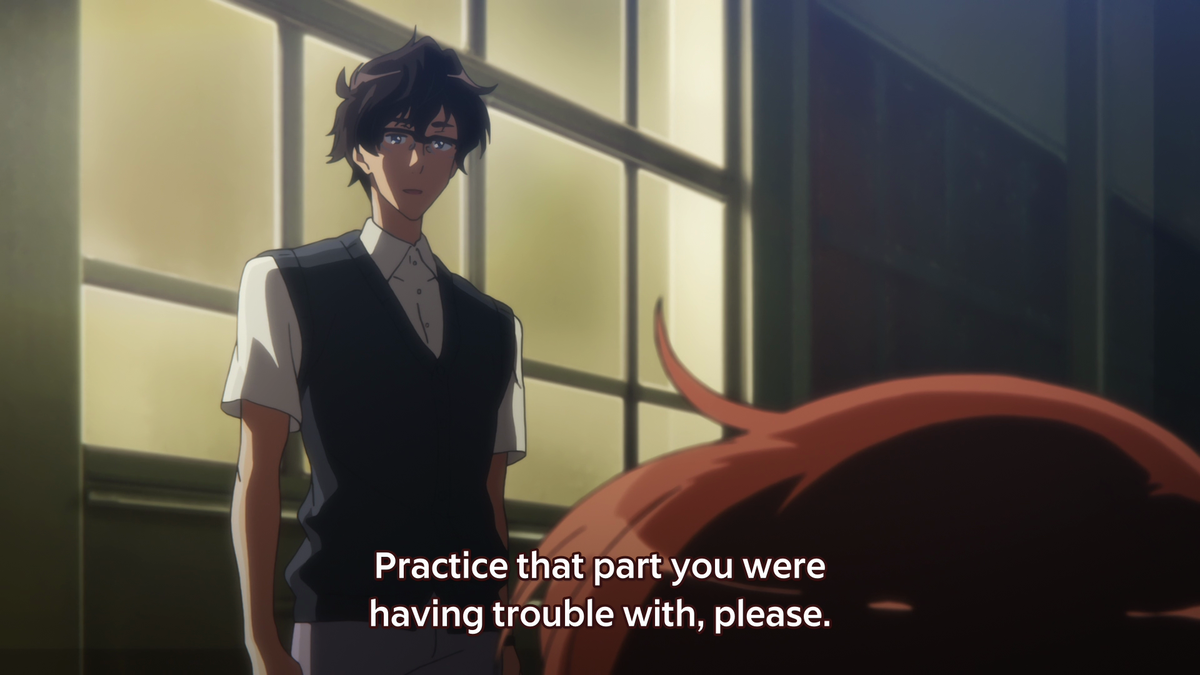 Taki is the perfect anime teacher. He's critical, but he cares deeply about his students and genuinely wants to see them succeed. This is nicely shown here as Taki says he knows Kumiko can play the part with enough practice, thus igniting the spark in Kumiko even further.