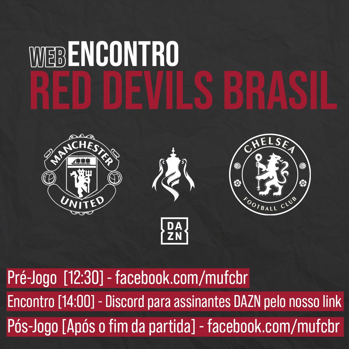 Web Encontro Red Devils Brasil

Valendo vaga na final da FA CUP, o Manchester United irá enfrentar o Chelsea no lendário estádio de Wembley. 

E nós estaremos reunidos, a partir das 12:30hs no Facebook do <a href="/mufcbr/">Manchester United Brasil</a>