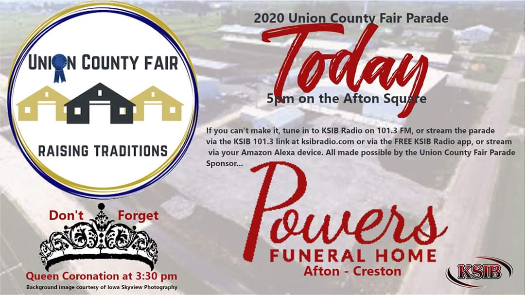 ksibradio's tweet photo. Today is the day!  If you can't make it to Afton this afternoon, join @BenWalt93879853 at 5pm!  The Union County Fair Parade coverage is sponsored by Powers Funeral Home ~ Creston/Afton, Ia. https://t.co/Oi92NTTLNX