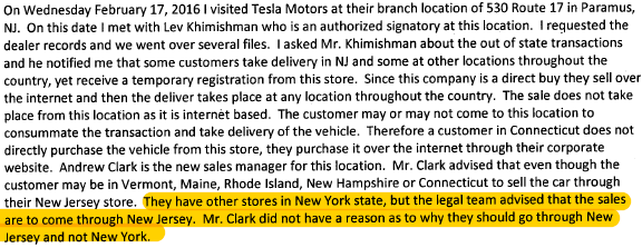 Tesla legal department advised sales manager in Paramus, NJ that sales for VT, ME, RI, NH, CT "are to come through New Jersey". No reason given.