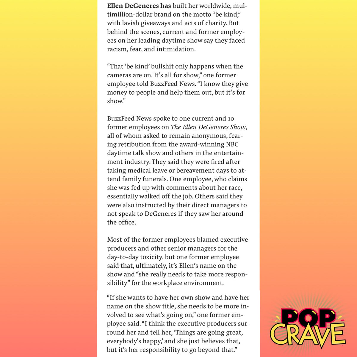 PopCrave's tweet photo. 10 former employees and one current employee from ‘The Ellen Show’ described a work environment filled with “racism, fear and intimidation” in a new report by @BuzzFeedNews.

🔗: https://t.co/ZK21yQnpwL https://t.co/0NhUxl7gGU