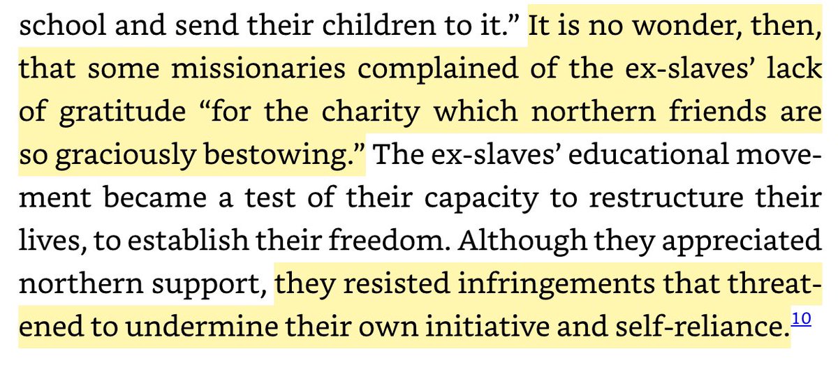 And when we tried to open our own schools, knowing our children wouldn’t receive the same resources, the bureau “complained about the tendency of ex-slaves to prefer sending their children to Black-owned —schools.”