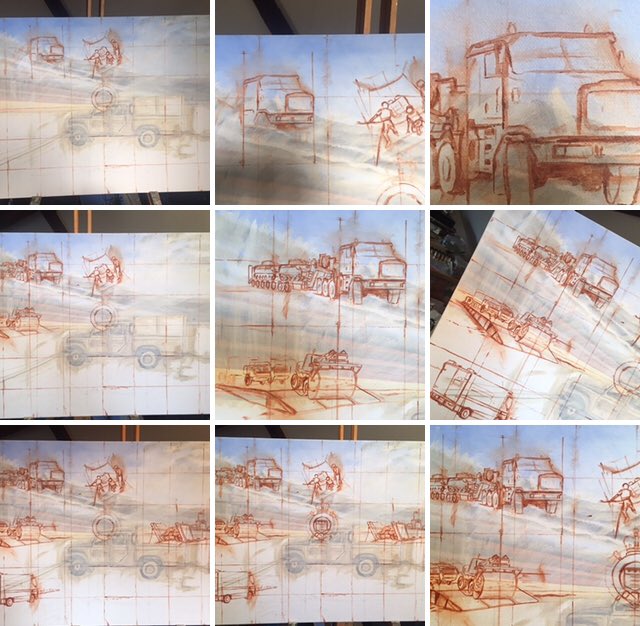 Markrunsnflys's tweet photo. An afternoon starting a new painting and marking out on a recycled canvas. Another multi scene painting trying to capture some aspects of the Royal Logistics Corps. #painting #art #oilpainting #military  #aviationart #army #rlc #logistics #royallogisticscorps https://t.co/XncrZxRcnq
