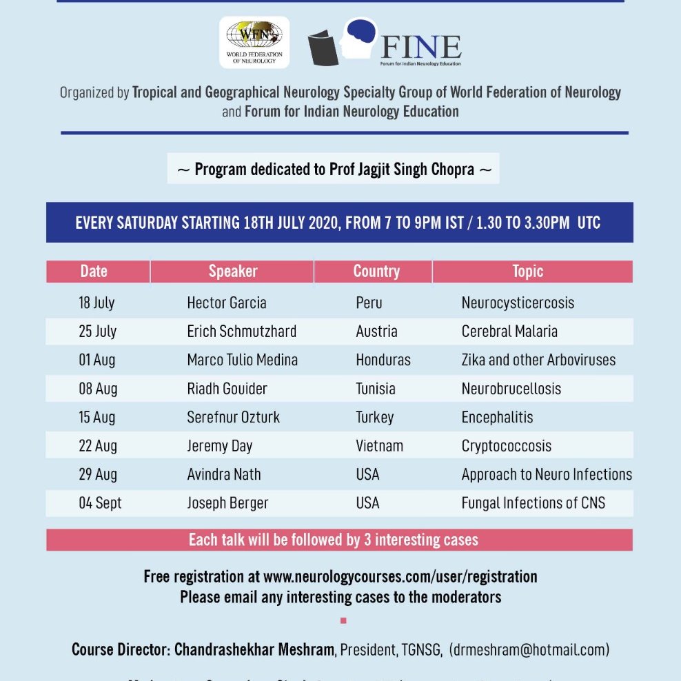 Inaugurated the free WFN-FINE Neuro-infection webinar series. A series of talks by international experts on Neuro-infections. An activity of Forum for Indian Neurology Education with WFN. Interesting cases welcome. <a href="/wfneurology/">World Federation of Neurology (WFN)</a> #Neurology #InfectiousDiseases #FINE
