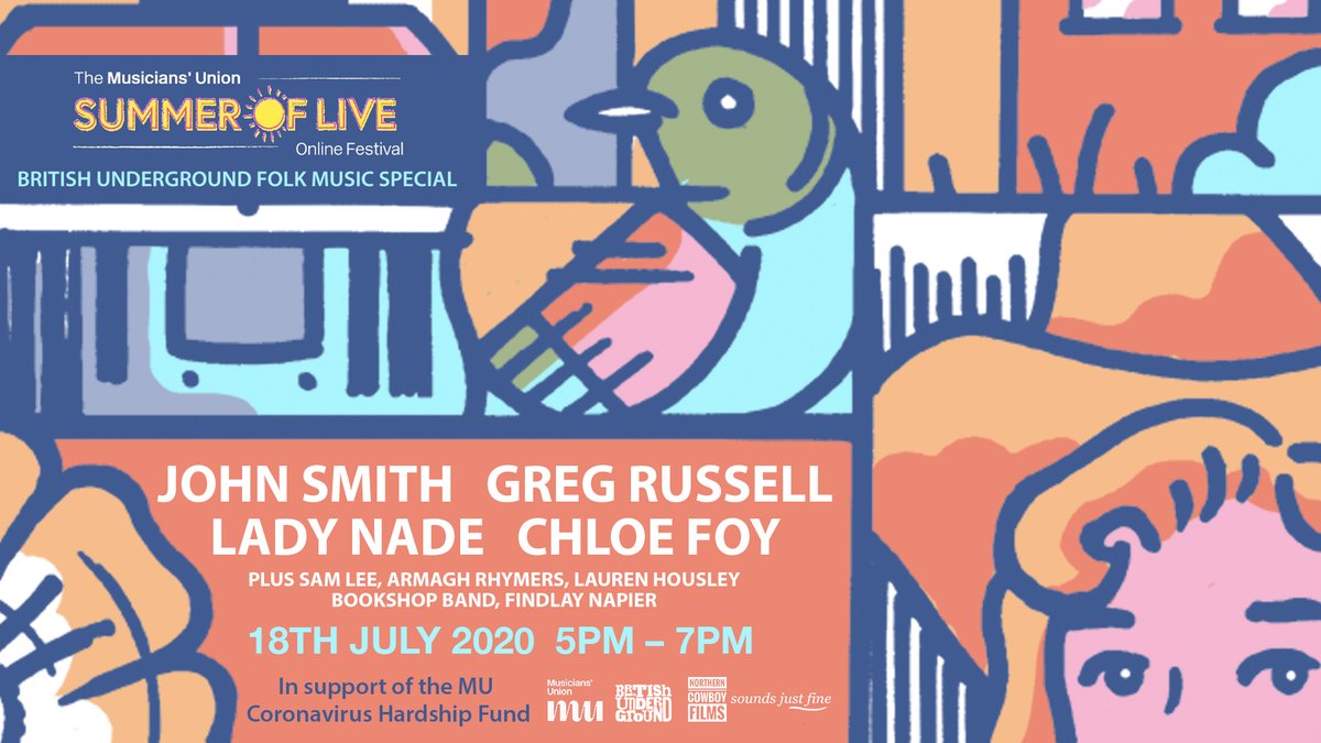 WeAreTheMU's tweet photo. Catch up with the @B_Undergr0und #MUSummerofLive Folk Special! Feat. @thejohnsmith, @LadyNade, @ChloeFoyMusic &amp; more. Raising money for the MU Coronavirus Hardship Fund.

Watch > https://t.co/31B5g9WeUc

Donate > https://t.co/f88pABkKqb https://t.co/vN0X1W4NbX