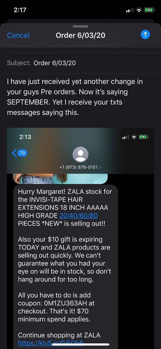 MargaretPaciga's tweet photo. @ZalaHair i don’t understand how you can let something like this slide. With NO help whatsoever. Wonder what kind of message I’m going to receive back THIS time.. https://t.co/tK1xB0edRk