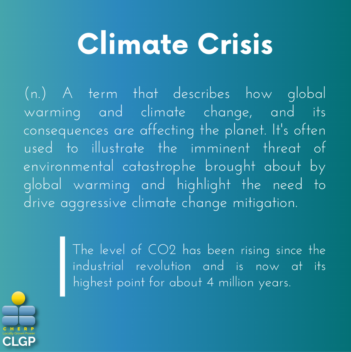 CHERP-LGP is doing our part to reduce CO2 emissions at the local and city level by making sure we provide solar energy to the most underserved communities throughout the nation.
