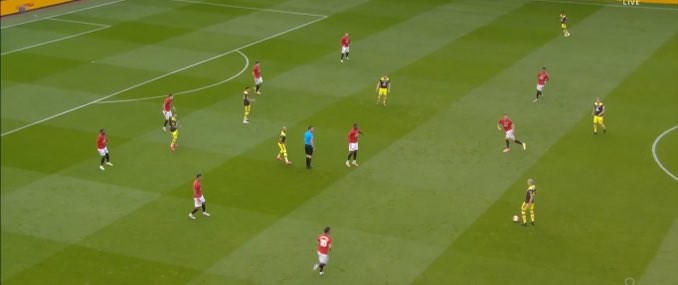 Pressure on the ball - United use a 4231 out of possession. An issue that arises that if pressure isn’t applied by the shape (e.g. moving forward together to keep the line up & press) then it can be opened up with large spaces behind. Here Romeu almost found KWP in the box