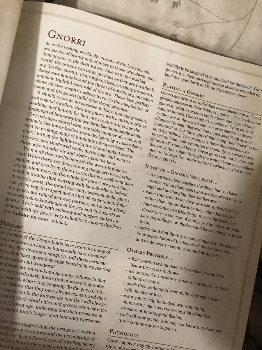 The races bring you a lot of story elements before they dive into the mechanics. The Gnorri, for example, has 5 pages of story before mechanics.