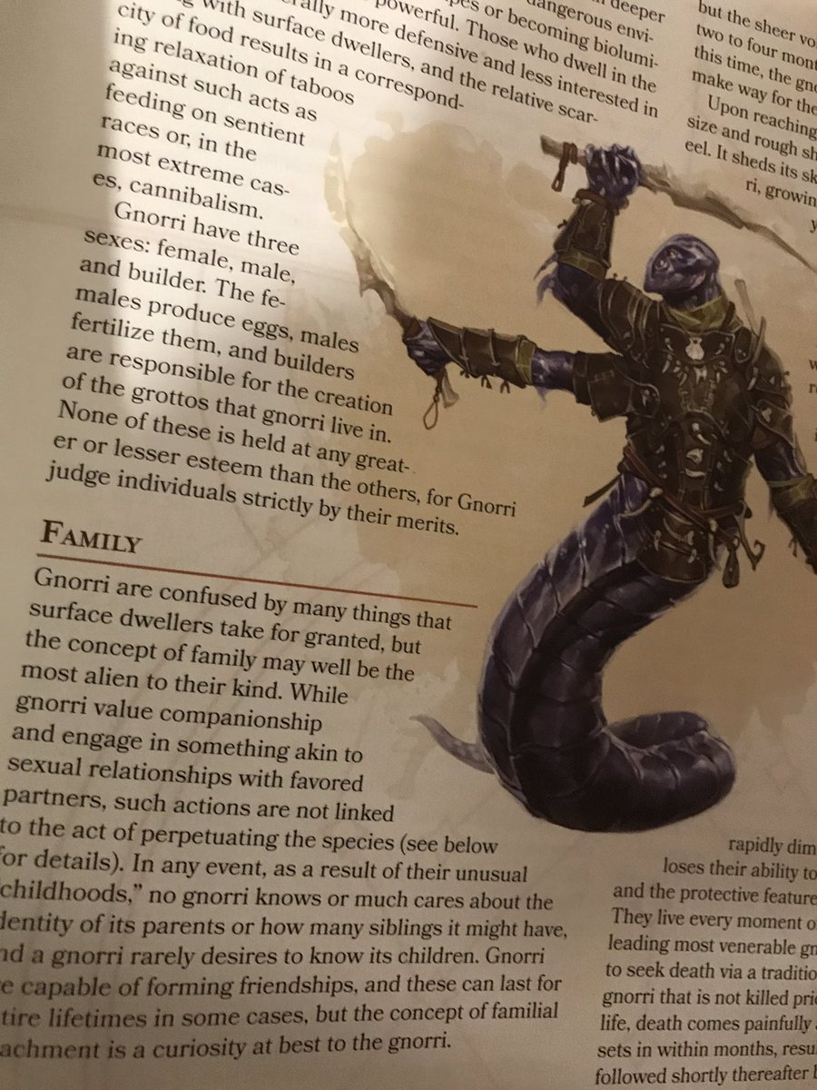 The races bring you a lot of story elements before they dive into the mechanics. The Gnorri, for example, has 5 pages of story before mechanics.