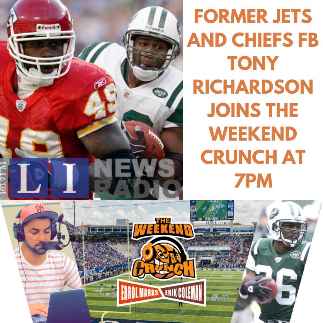 weekend_crunch's tweet photo. Tonight we will have special guest former @nyjets and former @chiefs FB @49TRich 

#sports #football #nfl #jets #chiefs #goganggreen #nyjets #chiefskingdom #chiefsnation #chiefsfootball #chiefsfan #jetsfan #jetsnation https://t.co/l9aL6LY2vj