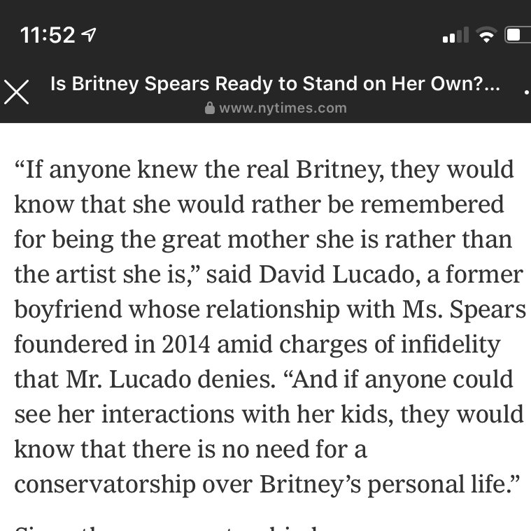 In 2016, Britney's ex boyfriend David Lucado said he doesn't think she needs a conservatorship. "If anyone could see her interactions with her kids, they would know there is no need for a conservatorship over Britney's personal life."  #FreeBritney