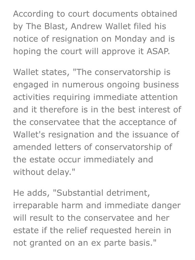 Suspiciously, Andrew Wallet then asks the court to remove him as Britney's co-conservator. He says "substantial detriment, irreparable harm and immediate danger will result to the conservatee and her estate if the relief requested herein is not granted."  #FreeBritney