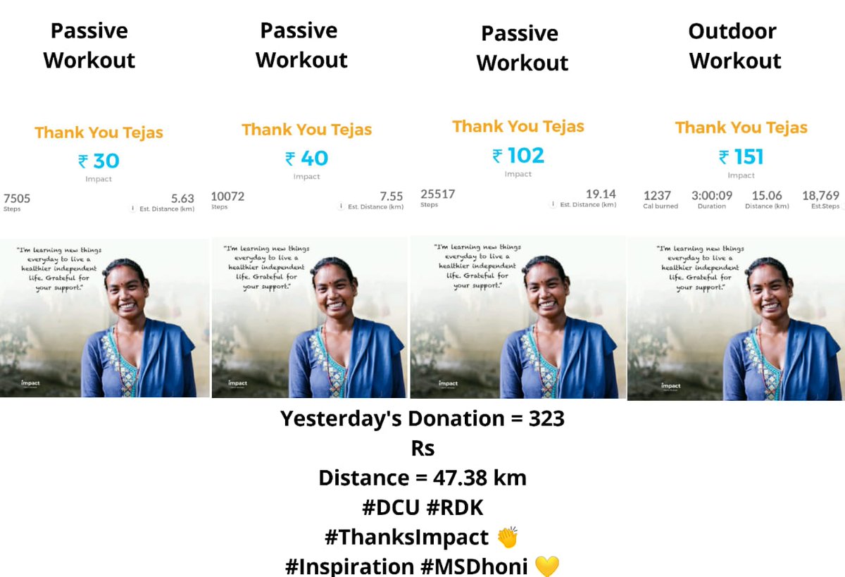 tejasmishra1997's tweet photo. I raised โน 323 (yesterday) for my society & nation #walking with #Impact app. Thanks to #Vedanta for sponsoring my impact workout. #WalkToContribute #WeFightCorona ๐ฎ๐ณ @msdhoni #TheInspiration ๐ #womenempowerment https://t.co/arWN5D2xSm https://t.co/DqWpDYfcxK