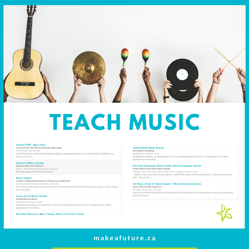 MakeAFuture's tweet photo. Are you a certified music teacher? BC schools are hiring and looking for music teachers, music theatre teachers, band teachers and more! Check out who's on a hiring spree, https://t.co/4AP9Zjh4Ws #bced #bcjobs https://t.co/ATka648933