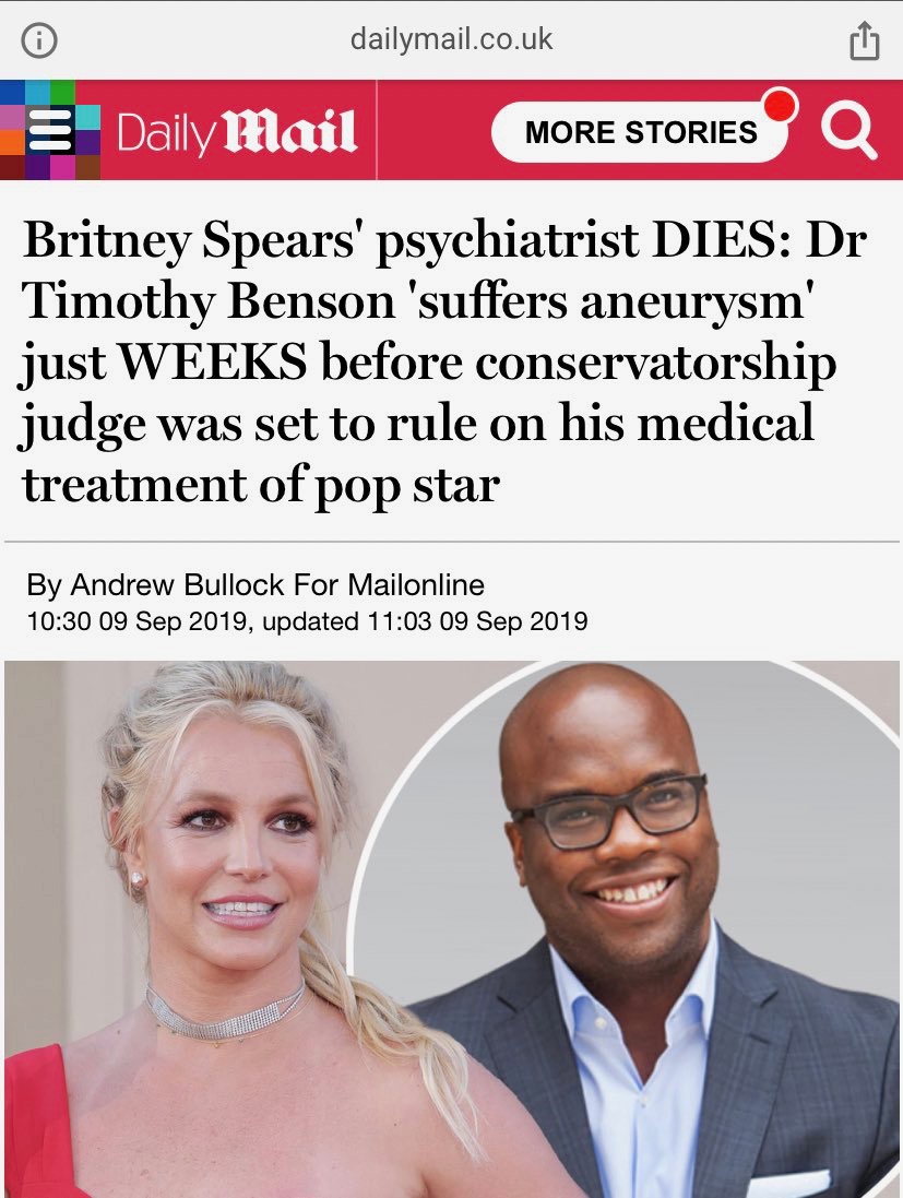 Just weeks before he was supposed to testify at the next court hearing in September, Britney Spears' psychiatrist Dr. Timothy Benson mysteriously died.  #FreeBritney