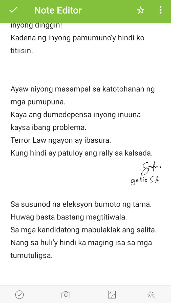 'Mamulat sa tulang aking isinulat.'
✍️:eliiiiiii

#OUSTDUTERTENOW 
#JunkTerrorBilllNow 
#TerrorLawIbasura