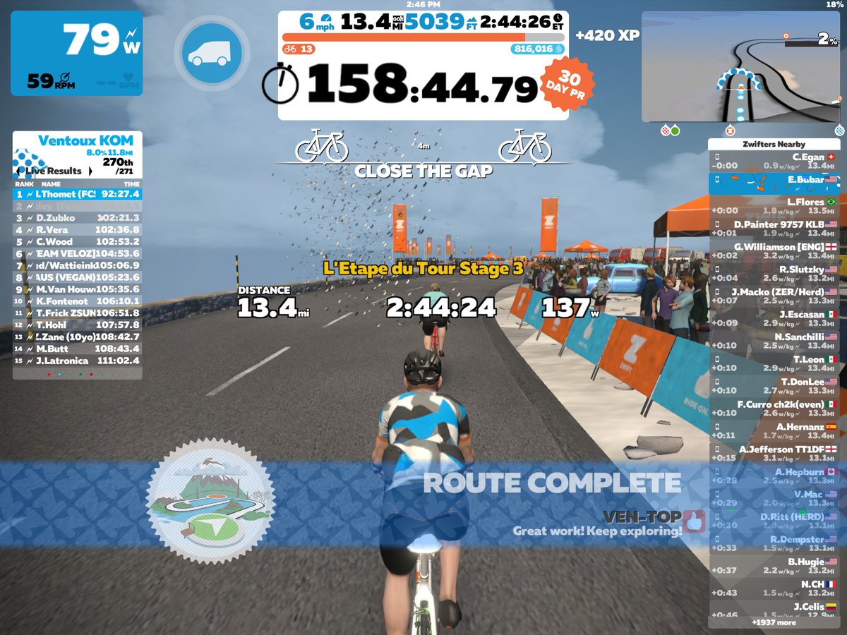 ebubar's tweet photo. Finished the virtual climb up Mont Ventoux in the #LetapeVirtual.  This completed the triple play of all three virtual stages on @GoZwift.  Time to start working out for next year! https://t.co/wzqg4LXOgY