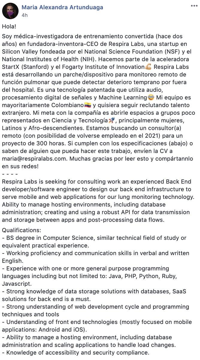 DrArtunduaga's tweet photo. Mi Startup, @RespiraLabs (Silicon Valley), está contratando #BackEndEngineer en Colombia🇨🇴  

Descripción anexa (foto).

Me ayudan a difundir en redes? @InnpulsaCol, @forbescolombia, @GermanRueda, @IAMantillaG, @GaitanVillegas, @torrenegra, @freddier, @andresbarreto, @ddbilbao https://t.co/QOigjdf5gI