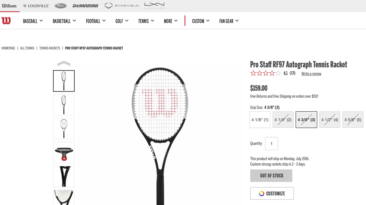 sfuser16's tweet photo. @WilsonTennis No, it's not available. I'm open for any color, Black/Black or Black/White or Blue, specs are same (although would have preferred Black/Black). The only available option is Black/White in 4 1/8" (1). I'm looking for 4 3/8" (3). https://t.co/ed7hJFfWd7