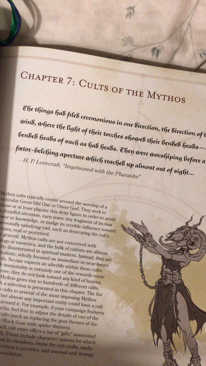 Chapter 7 is all about cults. PCs can join one and earn “gifts”.