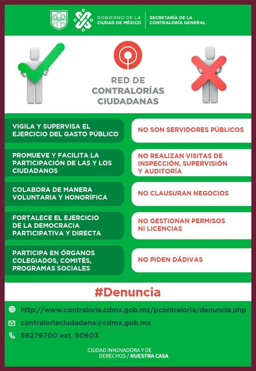 ContraloriaCDMX's tweet photo. La #RedDeContraloríaCiudadana, se integra por ciudadanos que de forma voluntaria y honorífica asumen el compromiso de colaborar con el @GobCDMX en la supervisión del ejercicio del gasto público. 
Si detectas actividades fuera de sus atribuciones #NoTeCalles #Denuncia https://t.co/eRKZG1jG0q