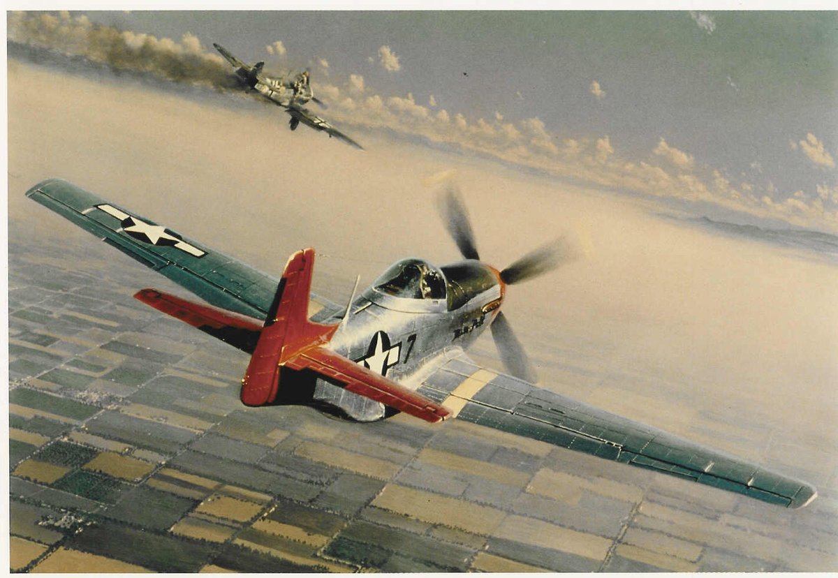 airandspace's tweet photo. Today in 1944, Tuskegee Airman Lt. C.D. "Lucky" Lester downed three German aircraft in less than six minutes. The oil painting "Two Down, One to Go" portrays Lester achieving the feat. https://t.co/g6RgxNge4g