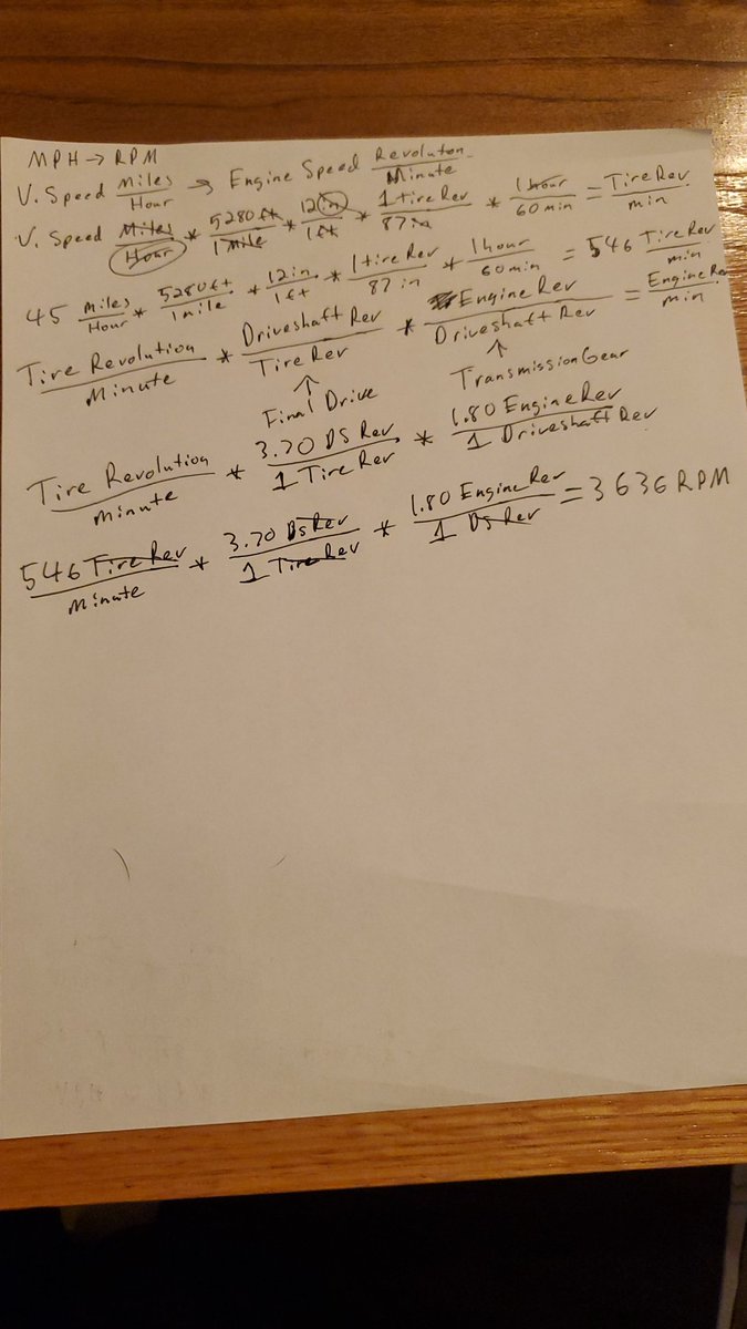 So for what we calculated before at 45 mph, we need 546 tire revolutions per minute. To get 546 tire revolutions, we now know we need an engine speed of 3636 rpm. That's how vehicle speed can be had from engine rpm.
