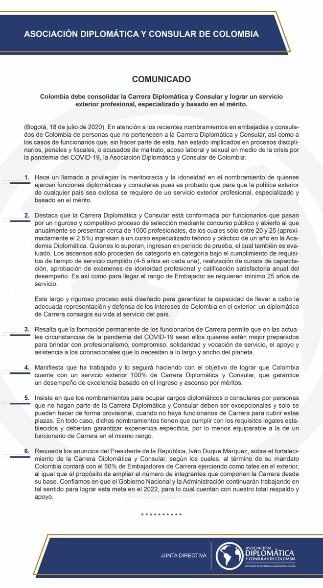asodiplo's tweet photo. @CancilleriaCol Comunicado Asociación Diplomática y Consular – Colombia debe consolidar la Carrera y lograr un servicio exterior profesional, especializado y basado en el mérito. #PrimeroElMérito #COVID__19 #DiplomáticosDeCarreraAlServicioDeLaNación #ServicioConsular https://t.co/p1SYB953ma