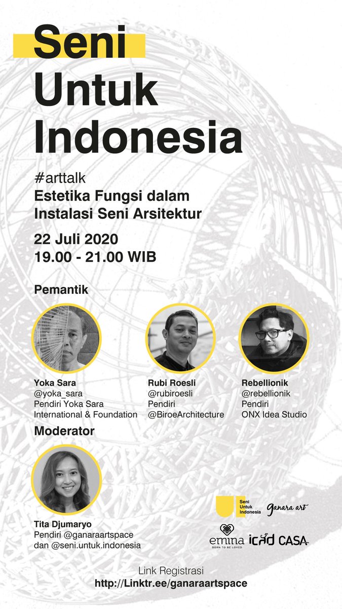 rubiroesli's tweet photo. #arttalk
@seni.untuk.indonesia 
Estetika Fungsi dalam Instalasi Seni Arsitektur
Rabu, 22 Juli 2020
Pk 19.00 - 21.00 WIB
Via Zoom Webinar 

Daftar ke https://t.co/5Nk6ZJSGXU https://t.co/elcp1ERXvQ