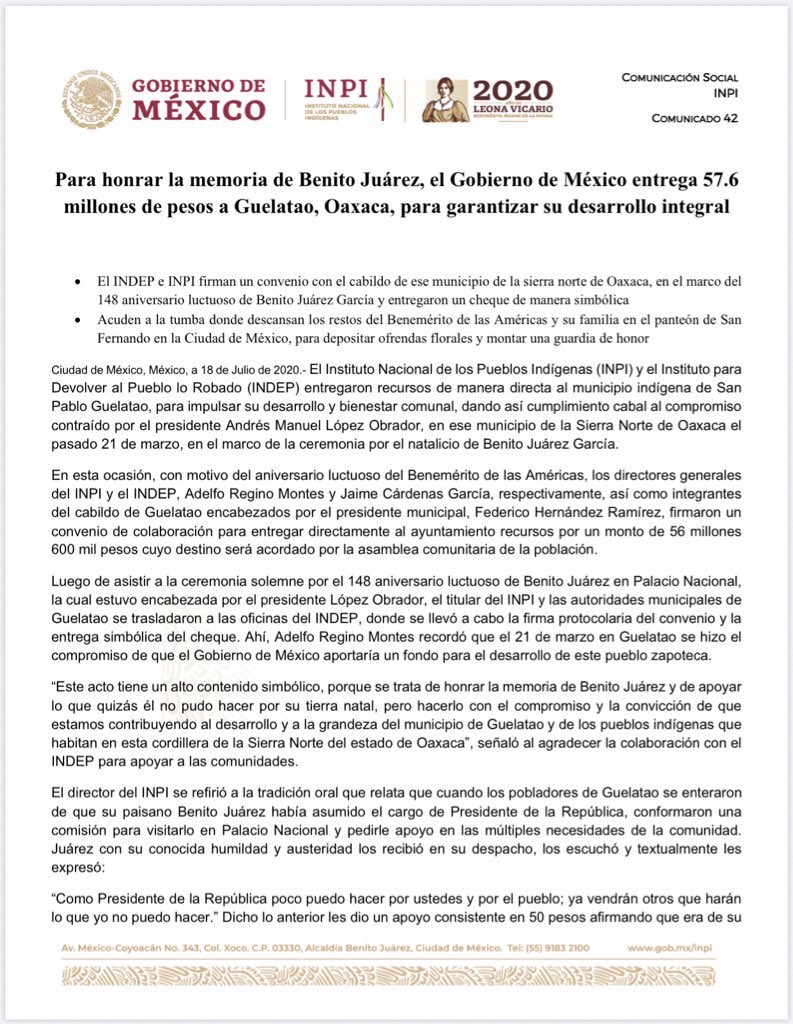 INPImx's tweet photo. #COMUNICADO | 📰🗞️

Para honrar la memoria de Benito Juárez, el @GobiernoMX entrega 57.6 millones de pesos a Guelatao, Oaxaca, para garantizar su desarrollo integral.

@DEELAYUUK 

👉🏽https://t.co/ShQLaFjvgM https://t.co/QM0Bf3gGjA