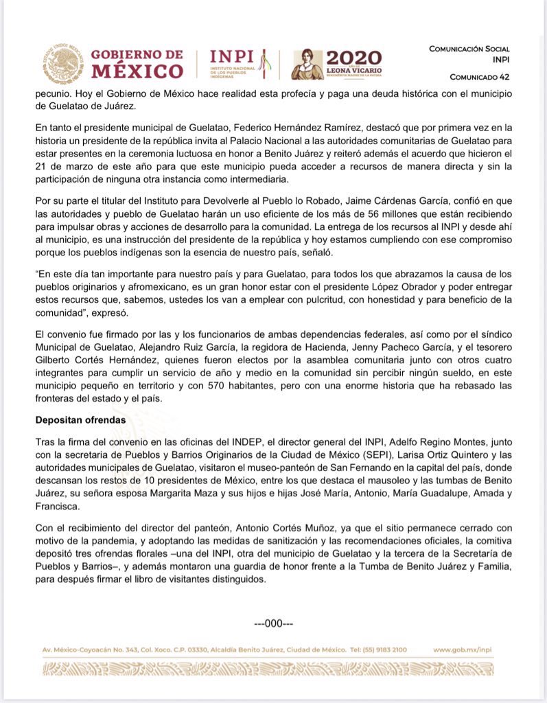 #COMUNICADO | 📰🗞️

Para honrar la memoria de Benito Juárez, el <a href="/GobiernoMX/">Gobierno de México</a> entrega 57.6 millones de pesos a Guelatao, Oaxaca, para garantizar su desarrollo integral.

<a href="/DEELAYUUK/">Adelfo Regino Montes</a> 

👉🏽bit.ly/2CMPOIo