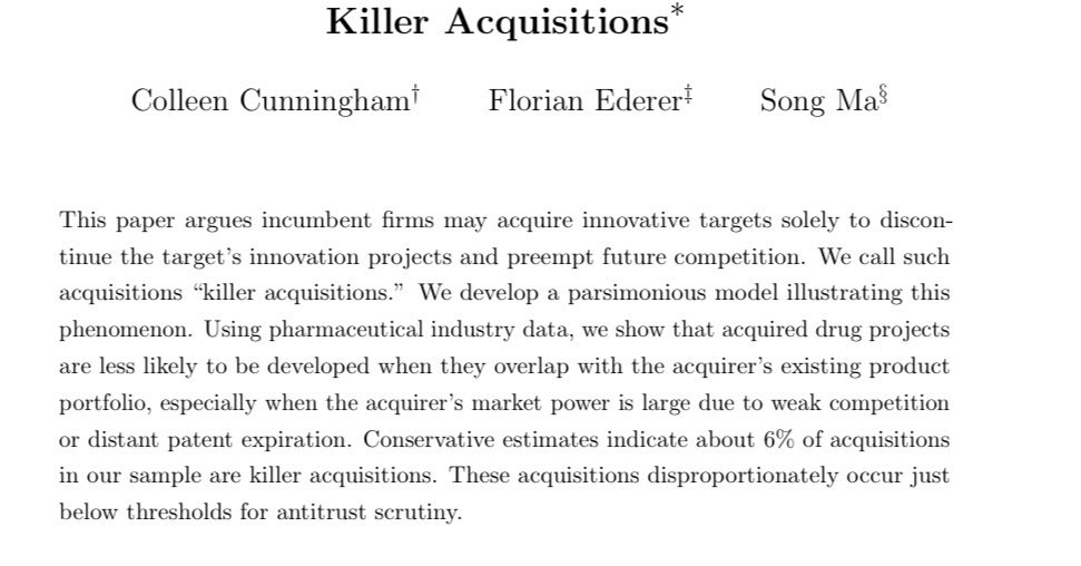 We can also consider regulation to eliminate the incentive of big companies to buy startups just to shut down competition. For example, 6% of all pharmaceutical startup acquisitions are made to KILL the startup’s big innovation so that it doesn’t threaten the incumbent. 5/