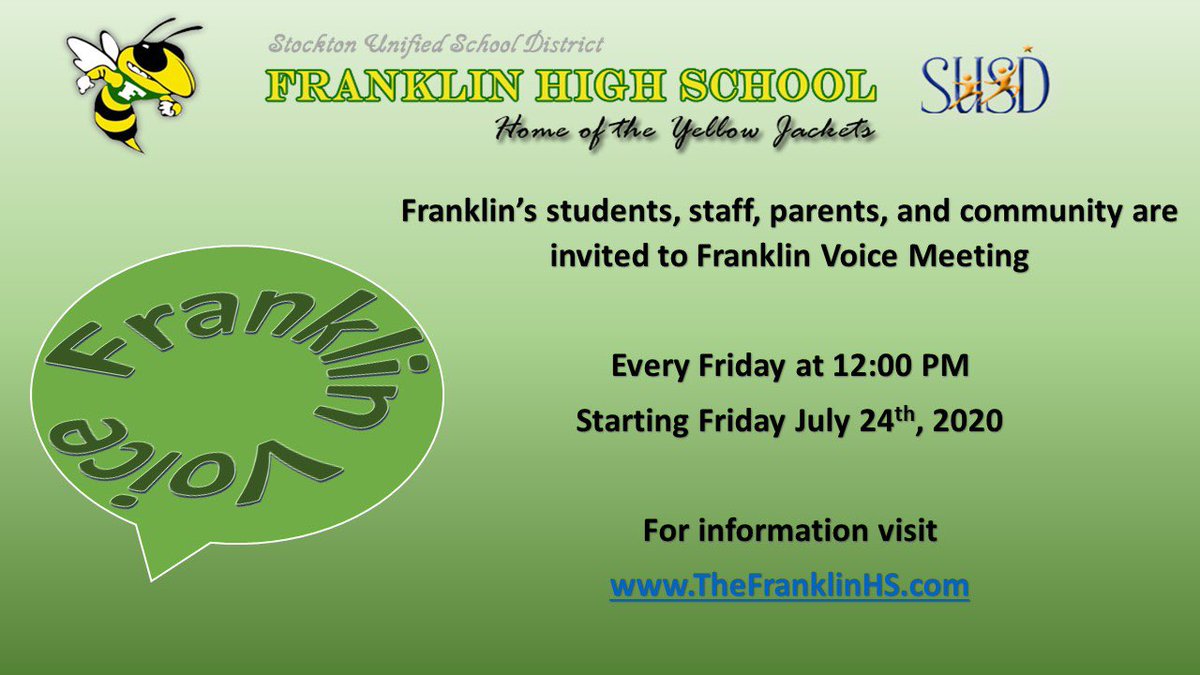 TheFranklinHS1's tweet photo. Our Franklin community is invited to Franklin Voice Virtual Meeting every Friday at 12:00 PM. For more information and access please visit our website https://t.co/jpomVaUgaD. 
let’s get connected to our families and community 
       Why?    Because @Franklin #WeCARE https://t.co/V7fCuwKpMI