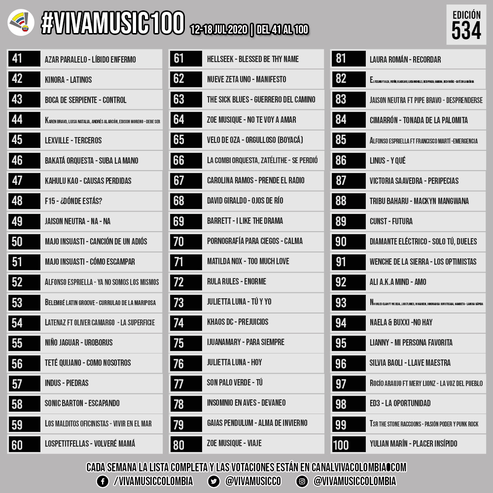 #VivaMusic100 12-18 JUL 2020, Edición 534. Vote en nuestros sitios de youtube.com/watch?v=jEdjpj… , facebook.com/vivamusiccolom…, Instagram @vivamusiccolombia, Twitter y cada hora en canalvivacolombia.com