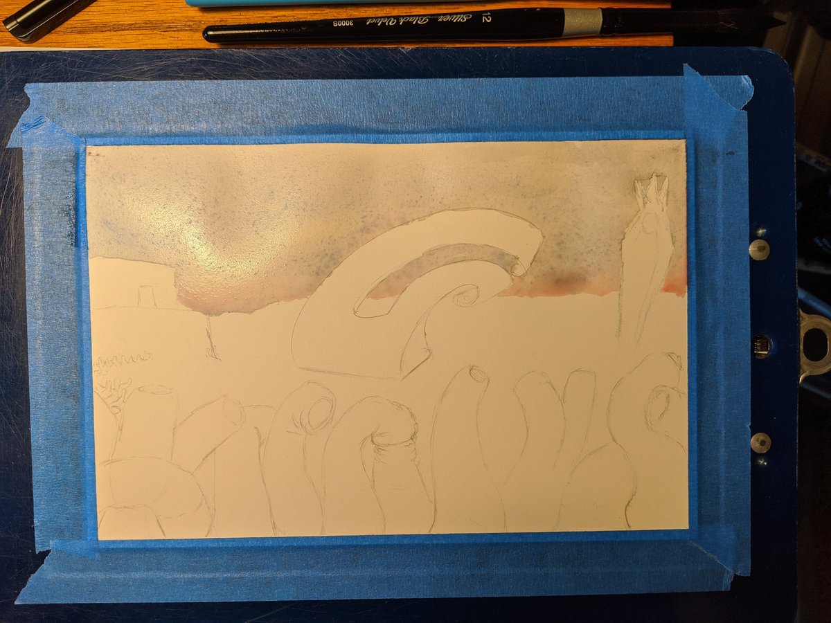 kmelion72's tweet image. Starting with the sky #mgrahamwatercolors mixed my own black #rawumber #ultramarineblue #backonthehorse