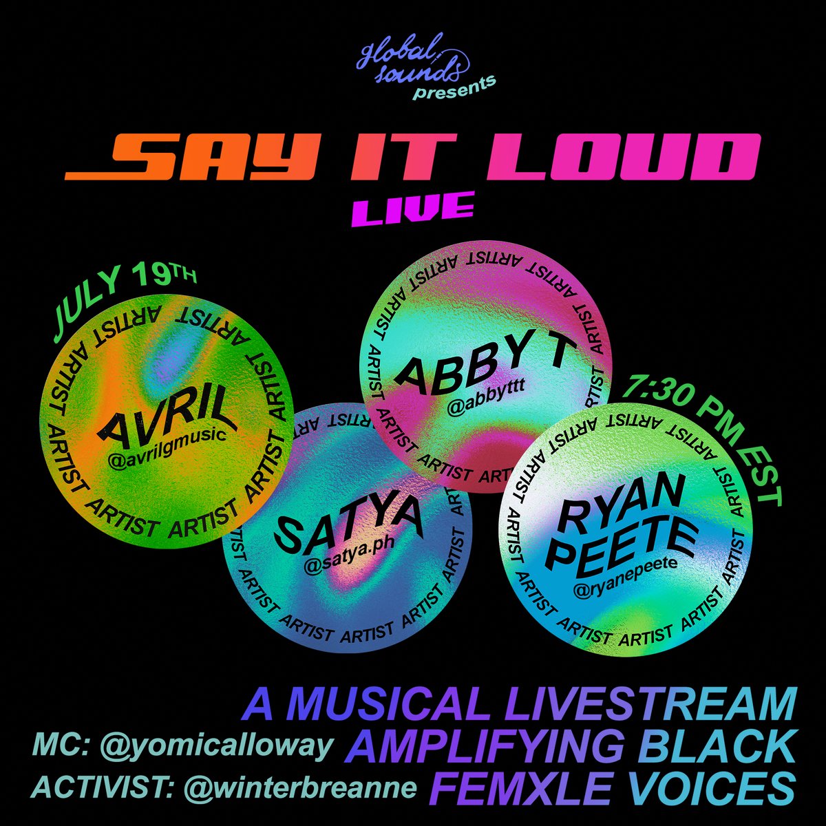 Tomorrow at 7:30PM!!! Say it Loud Live, don't miss out :)
Link: youtube.com/watch?v=snnbQg…

<a href="/avrilgmusic/">Avril</a> <a href="/Satyamusic/">Satya</a> @ryanepeete <a href="/abbytttt/">Abby T.</a>