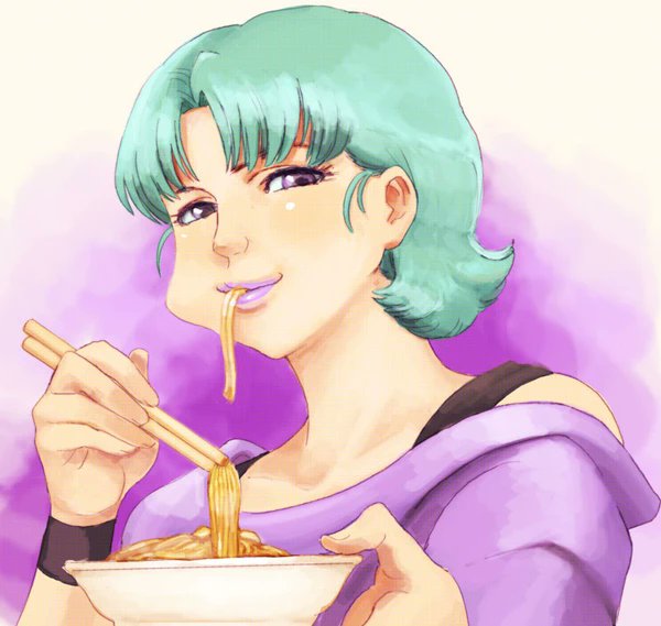 「麻婆春雨を食べるフォウ・ムラサメ 」|おてんば丼のイラスト