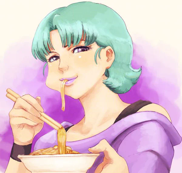 麻婆春雨を食べるフォウ・ムラサメ 