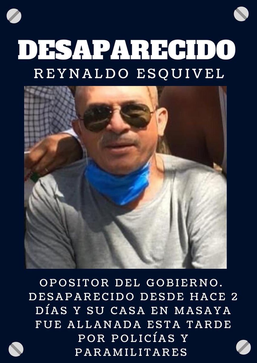 Mmendoza1970's tweet photo. #URGENTE

En Masaya, desde hace 2 dias desapareció Reynaldo Esquivel, opositor azul y blanco, padre de Karla Esquivel, miembro de @AUNNicaragua. La casa de Reynaldo fue allanada ayer. Su familia responsabiliza a la sancionada polícía por lo que le pueda ocurrir.
#SOSNicaragua https://t.co/v8hphN4aqQ