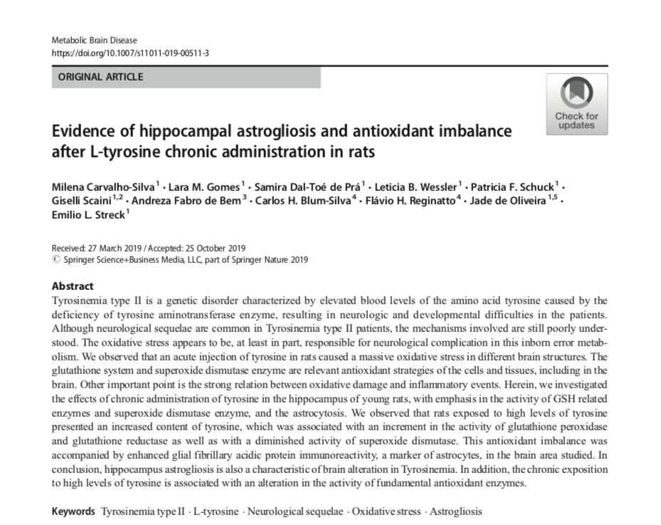 InctNim's tweet photo. Article from @SpringerNature in #MetabolicBrainDisease! Evidence of hippocampal #astrogliosis and antioxidant imbalance after #LTyrosine chronic administration in rats. | #TyrosinemiaTypeII #OxidativeStress #NeurologicalSequelae | Author: @Andrezadebem
https://t.co/GS35k6OPNS https://t.co/WYDwF0DhCt
