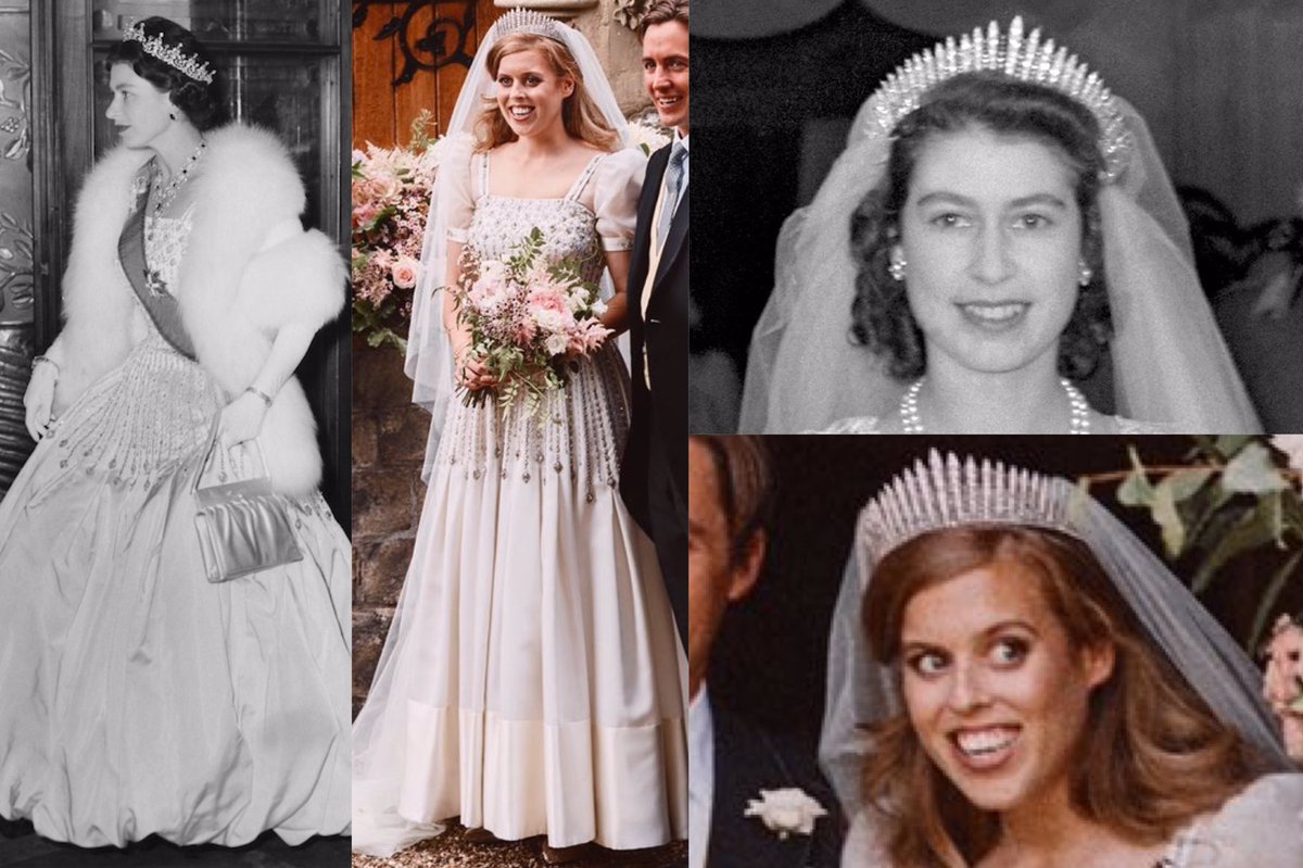 katiesroyallove's tweet photo. I adore Princess Beatrice &amp; she looked just stunning on her wedding day. What a beautiful tribute to her grandmother The Queen, wearing one of her gowns from the 60s and the same tiara she wore on her wedding day in 1947. I’m sure The Queen was so touched. https://t.co/ddn1wIUQ1p