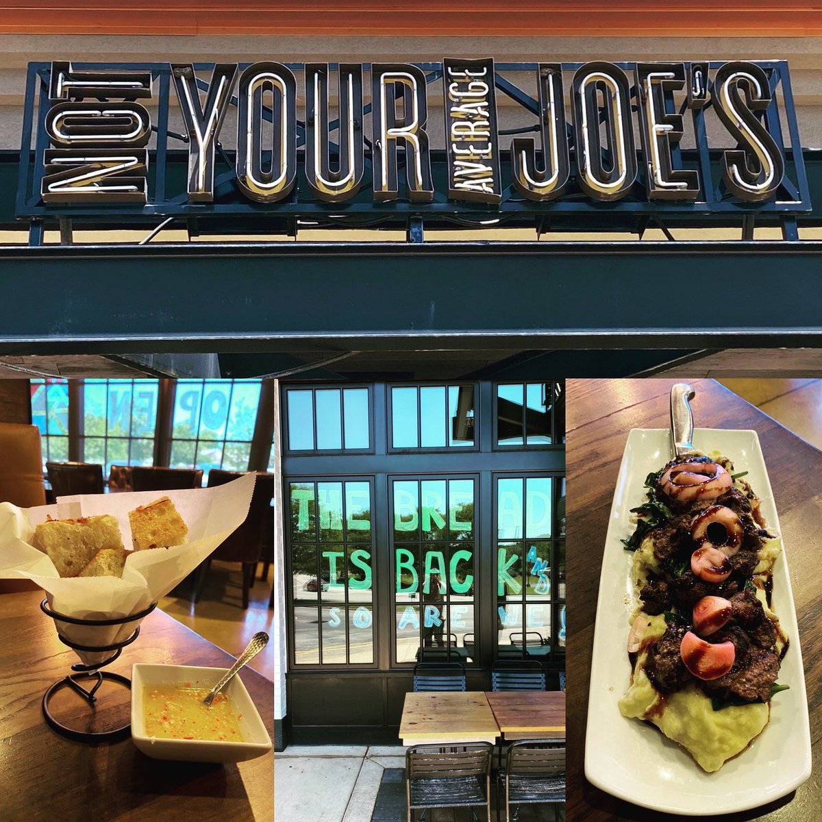 This bread 🥖😋! #parmesancheese #oliveoil 🌿 #pickledonions 🧅 sirloin tips, mashed potatoes with spinach <a href="/NYAJoes/">NotYourAverageJoe's</a>