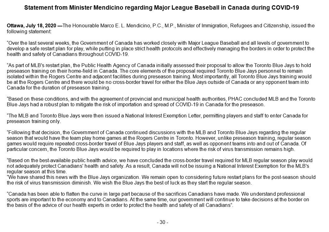 Marco Mendicino on X: &ldquo;My statement on Major League Baseball in 