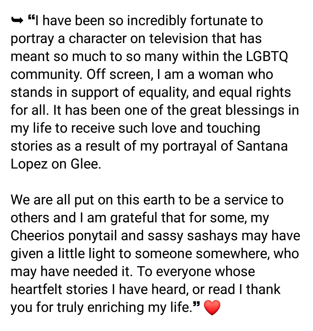 supahross's tweet photo. in 2017 naya wrote this beautiful love letter for pride month and i think it's so beautiful ♥️

"i am grateful that for some, my cheerios ponytail and sassy sashays may have given a little light to someone somewhere, who may have needed it." https://t.co/1usBQEHfLo