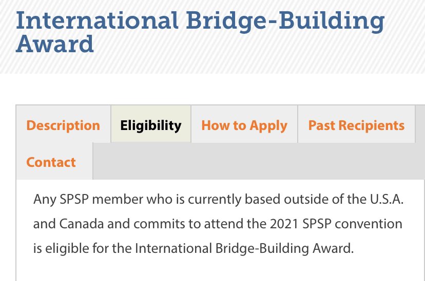 MohammadAtari90's tweet photo. @SPSPnews is creating a new award called the “International Bridge-Building Award” for researchers from “underrepresented regions of the world”. Good. 

BUT an eligibility criterion is being already an “SPSP member”. That’s not how bridges work. This crierion should be waived. https://t.co/TMKLf76NtI